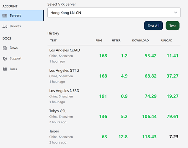 Screen shot of the 12VPN website server testing interface