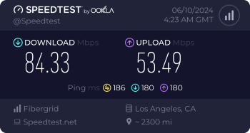 Speedtest.net result. Ping/Download/Upload: 186/84.33/53.49