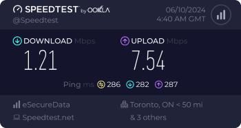 Speedtest.net result. Ping/Download/Upload: 286/1.21/7.54