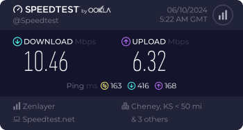 Speedtest.net result. Ping/Download/Upload: 163/10.46/6.32