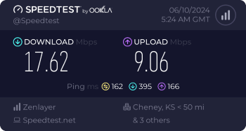 Speedtest.net result. Ping/Download/Upload: 162/17.62/9.06